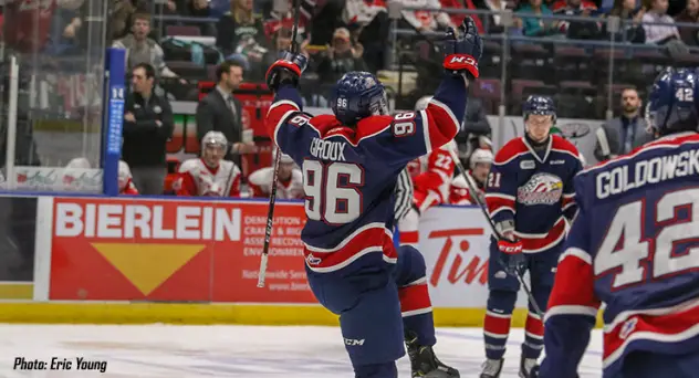 Damien Giroux of the Saginaw Spirit celebrates his goal