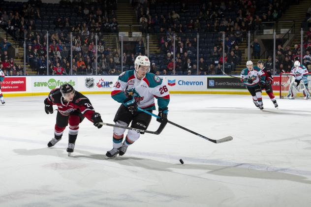 Kelowna Rockets right wing Liam Kindree vs. the Vancouver Giants