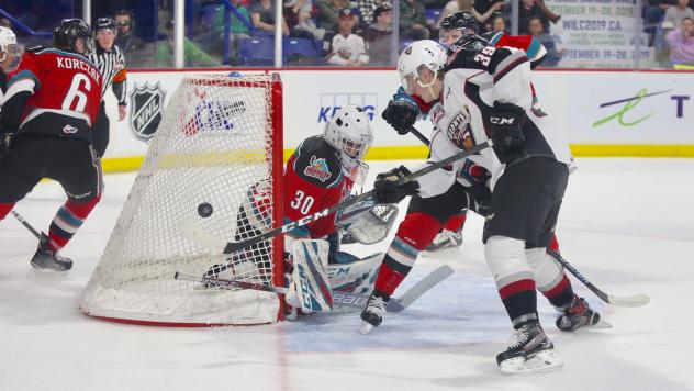 Evan Patrician of the Vancouver tests the Kelowna Rockets defence