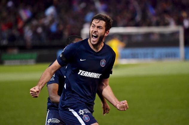 Elliot Collier of Memphis 901 FC celebrates his goal