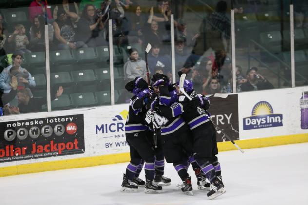 Tri-City Storm celebrate a goal against the Omaha Lancers