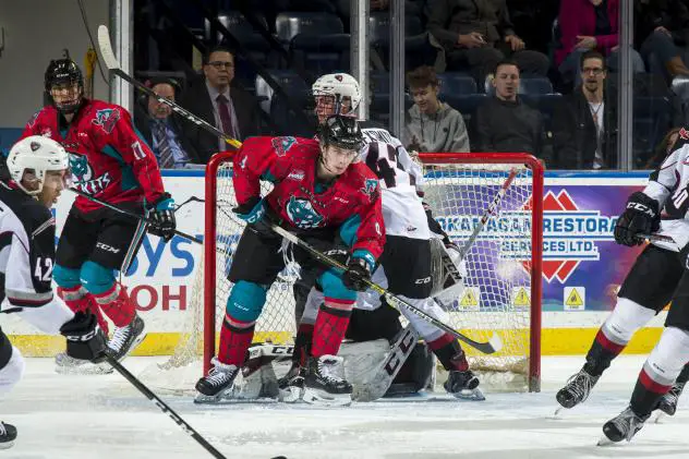 Kelowna Rockets set up in front of the Vancouver Giants goal