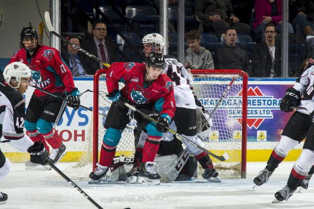 Kelowna Rockets set up in front of the Vancouver Giants goal