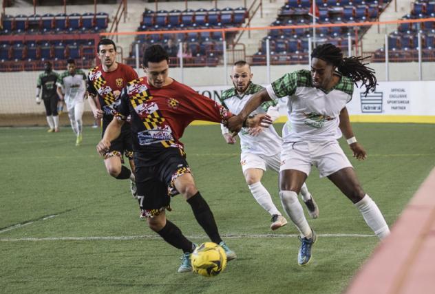 Jamie Thomas of the Baltimore Blast with possession against the Harrisburg Heat