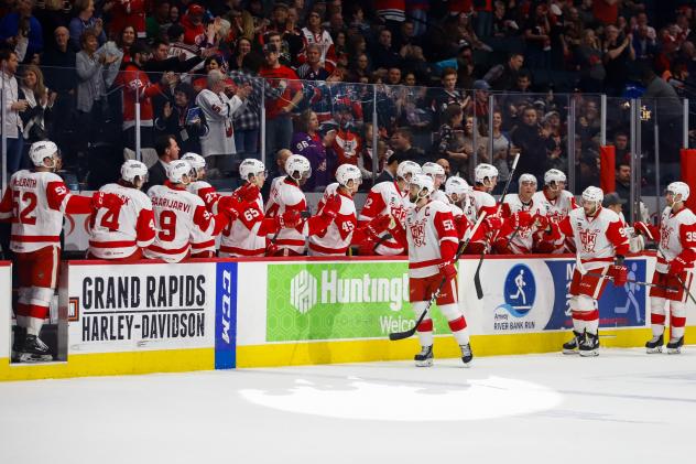 Grand Rapids Griffins exchange congratulations along the bench