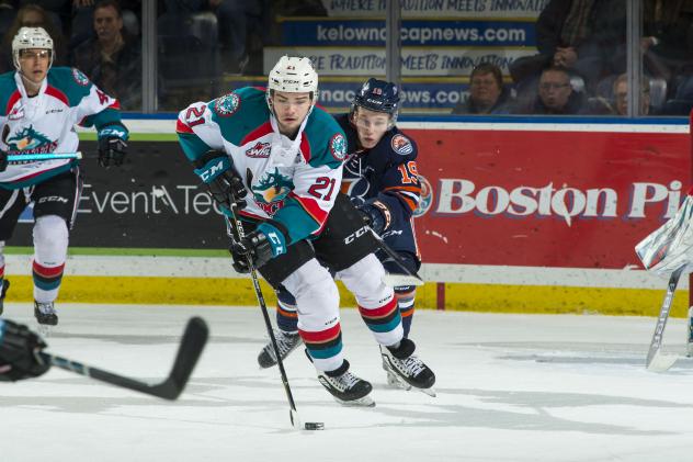 Kelowna Rockets defenceman Schael Higson vs. the Kamloops Blazers