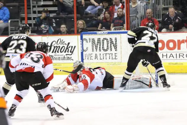 Zac Lynch of the Wheeling Nailers pressures the Cincinnati Cyclones goaltender