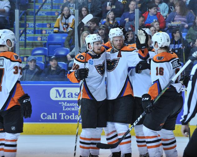 Lehigh Valley Phantoms celebrate a goal against the Wilkes-Barre/Scranton Penguins