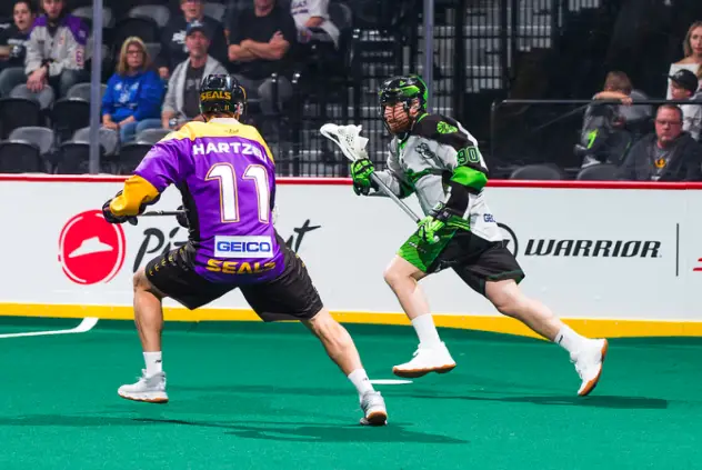 Saskatchewan Rush forward Ben McIntosh attacks the San Diego Seals