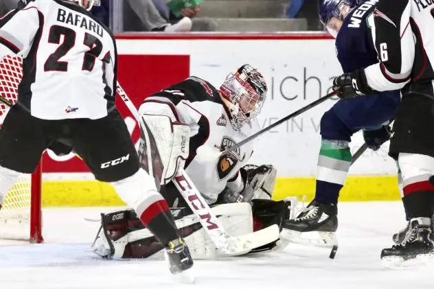 Vancouver Giants goaltender Trent Miner makes a stop against the Seattle Thunderbirds