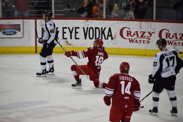 Braylon Shmyr of the Allen Americans celebrates a goal against the Utah Grizzlies