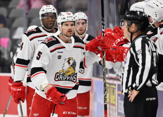 Grand Rapids Griffins exchange congratulations along the bench