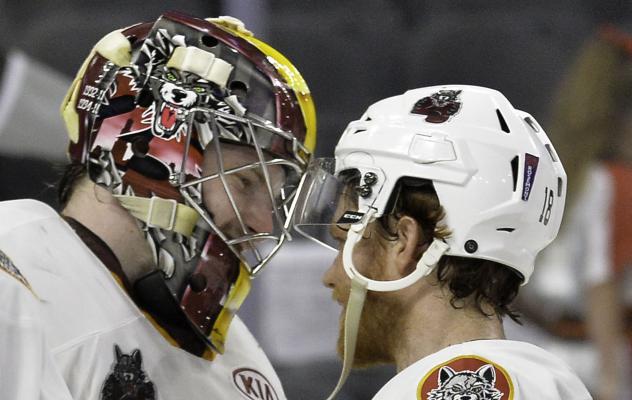 Chicago Wolves exchange a helmet bump