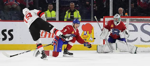 Binghamton Devils left wing Blake Pietila takes a shot against the Laval Rocket
