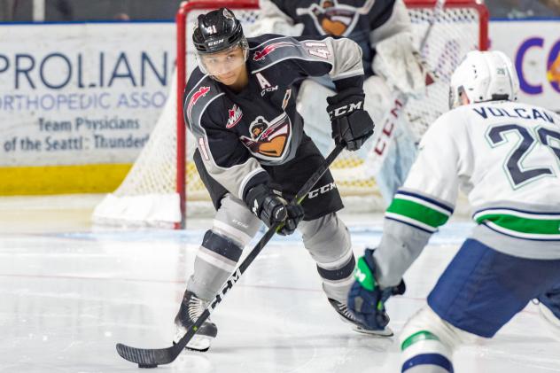 Vancouver Giants defenceman Alex Kannok Leipert vs. the Seattle Thunderbirds
