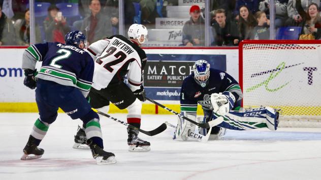 Vancouver Giants right wing Jared Dmitriw takes aim at the Seattle Thunderbirds