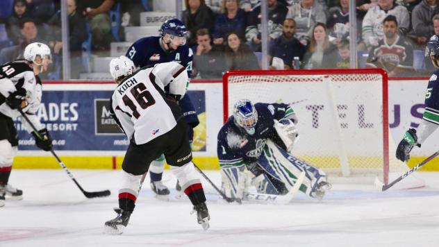 Vancouver Giants right wing Davis Koch takes a shot vs. the Seattle Thunderbirds