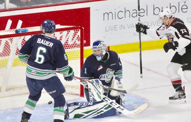 Vancouver Giants centre Jadon Joseph (right) celebrates a goal against the Seattle Thunderbirds