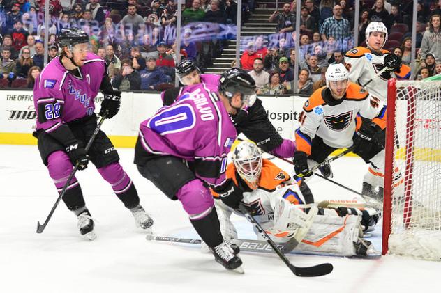 Lehigh Valley Phantoms goaltender Alex Lyon stops the Cleveland Monsters