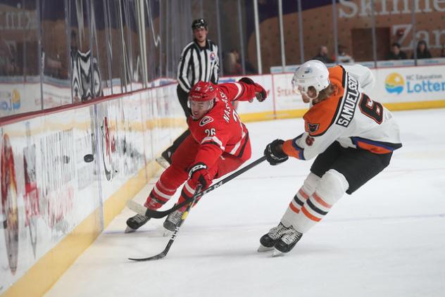 Philip Samuelsson of the Lehigh Valley Phantoms (right) vs. the Charlotte Checkers