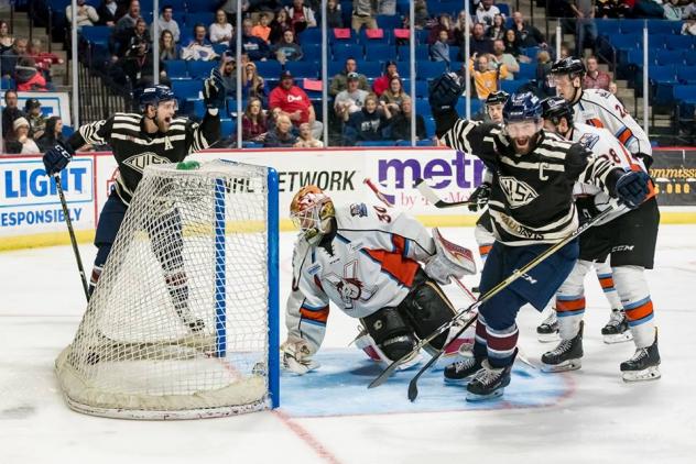 Tulsa Oilers captain Adam Pleskach celebrates a goal against the Kansas City Mavericks