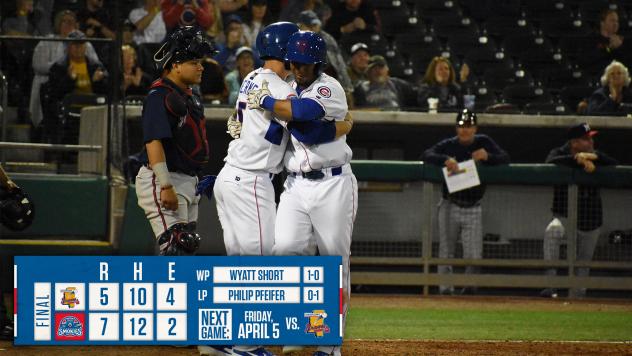 Tennessee Smokies exchange congratulations after scoring