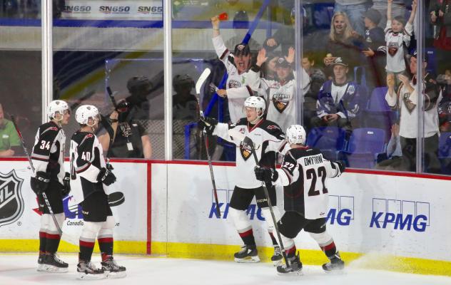 Vancouver Giants celebrate a goal in their playoff opener against the Victoria Royals