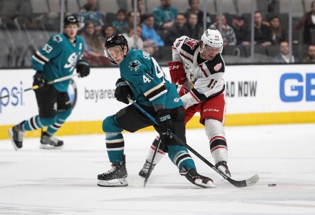 Grand Rapids Griffins left wing Turner Elson (right) fights the San Jose Barracuda for the puck