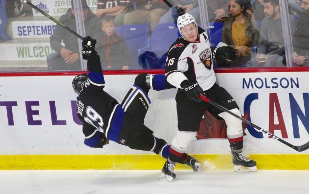 Vancouver Giants left wing Owen Hardy gets the better of a collision against the Victoria Royals
