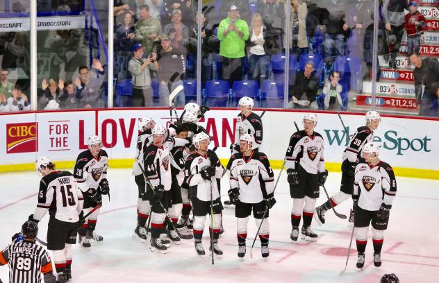 Vancouver Giants celebrate an overtime win against the Victoria Royals