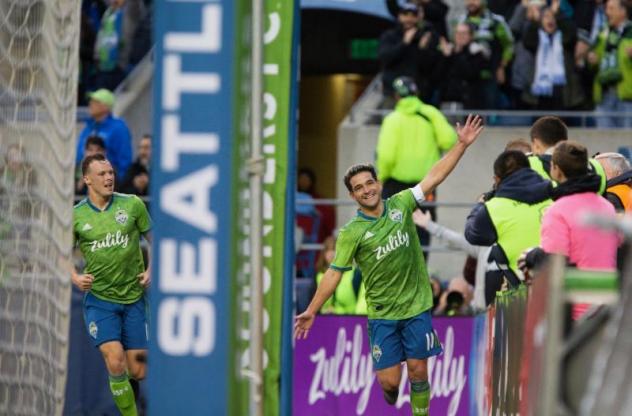 Nicolas Lodeiro celebrates his game-winning goal for Seattle Sounders FC