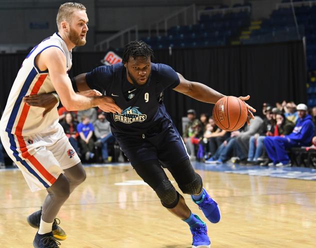 Halifax Hurricanes center Rhamel Brown drives against the Cape Breton Highlanders
