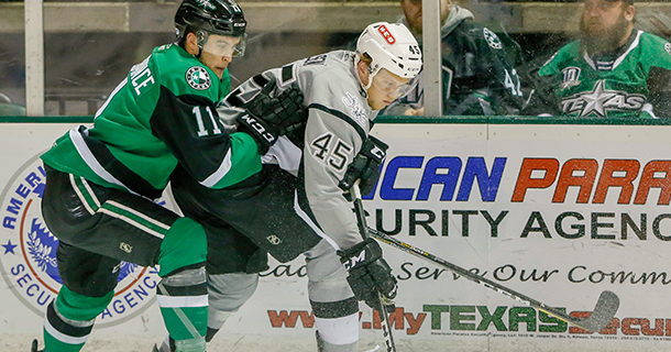 Texas Stars center Joel L'Esperance (left) vs. the San Antonio Rampage