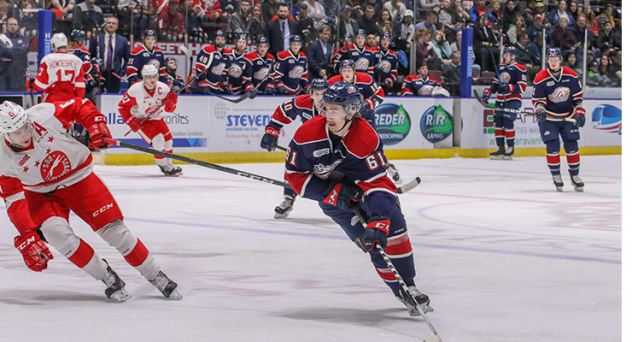 Saginaw Spirit center Ryan McLeod skates against the Soo Greyhounds