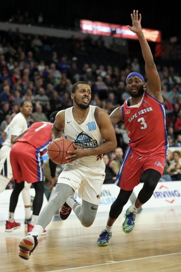 Halifax Hurricanes guard Tyler Thornton drives vs. the Cape Breton Highlanders