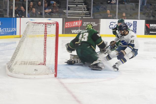 Austen Swankler of the Sioux Falls Stampede scores in the fourth overtime vs. the Sioux City Musketeers