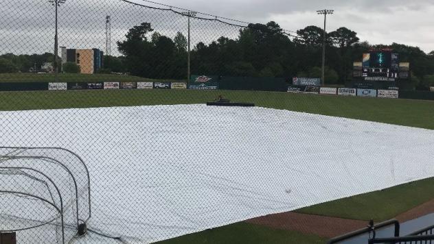 The tarp over the infield at Hank Aaron Stadium, home of the Mobile BayBears