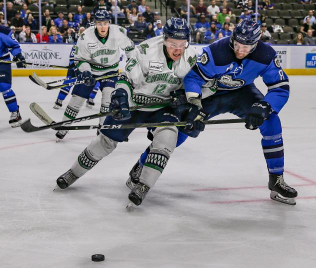 Florida Everblades defenseman Patrick McCarron (left) vs. the Jacksonville IceMen