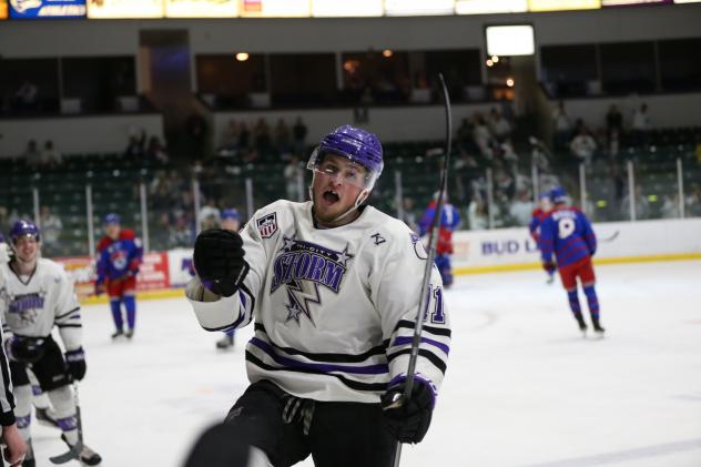 Tri-City Storm left wing Brendan Furry reacts after a goal