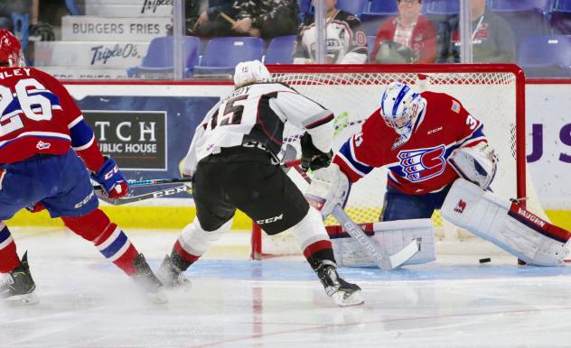 Owen Hardy of the Vancouver Giants scores vs. the Spokane Chiefs