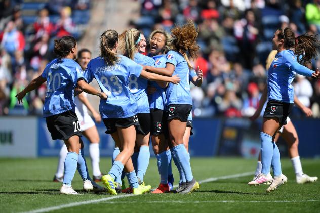 Chicago Red Stars celebrate a Yuki Nagasato goal against the Portland Thorns