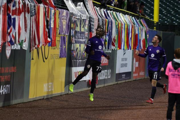 Louisville City FC forward Lucky Mkosana celebrates a win