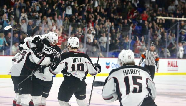 Vancouver Giants celebrate a goal against the Spokane Chiefs