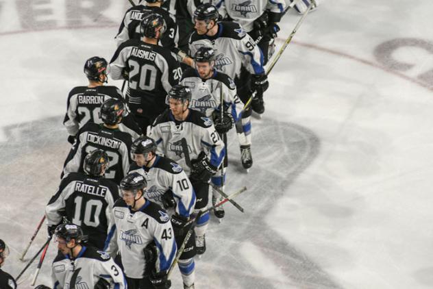 Utah Grizzlies shake hands with the Idaho Steelheads to close the season