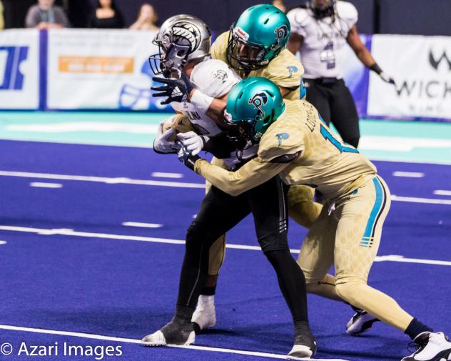 Al Louis-Jean of the Massachusetts Pirates makes a tackle against the Carolina Cobras