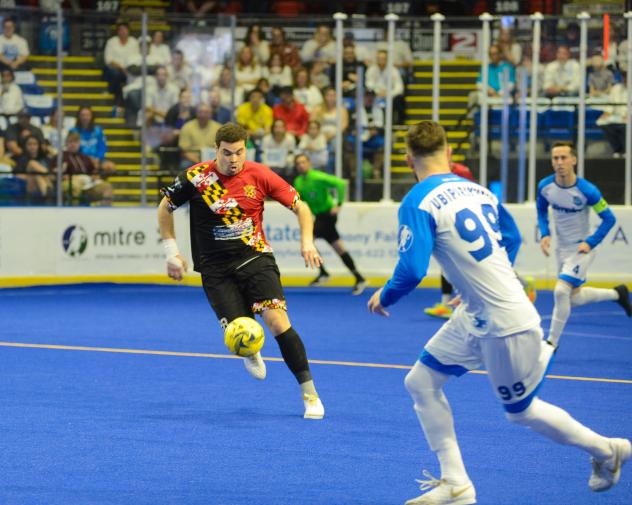 Juan Pereira of the Baltimore Blast with possession against Utica City FC