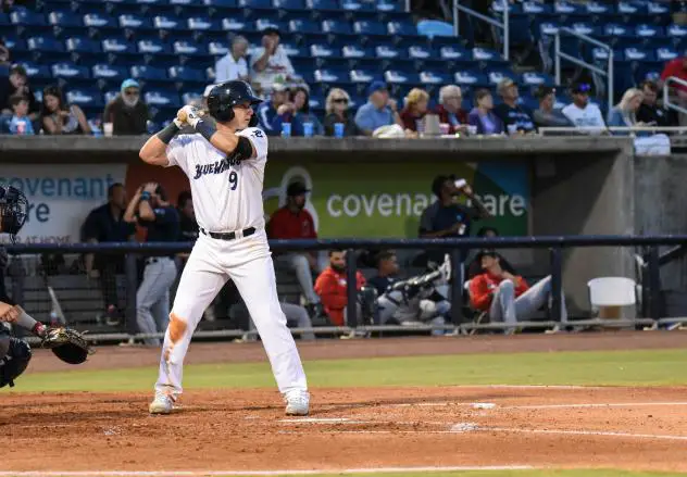 Pensacola Blue Wahoos third baseman Brian Schales at the plate