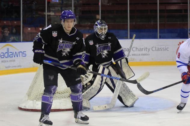 Tri-City Storm goaltender Isaiah Saville and defenseman Elias Rosen