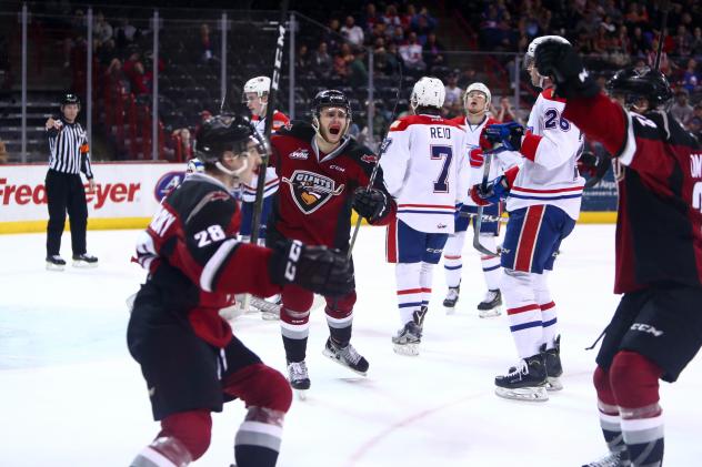 Vancouver Giants celebrate a goal against the Spokane Chiefs