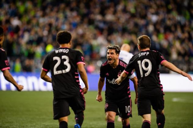 Nicolas Lodeiro of Seattle Sounders FC celebrates as Harry Shipp's 67th-minute goal brought Seattle even with the San Jose Earthquakes